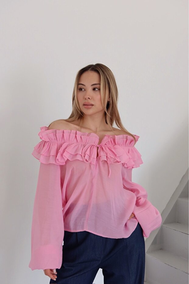 Pink Ruffle Detailed Design Blouse - 70203