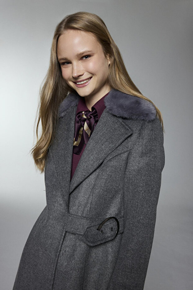 Double-Breasted Collar Belt Detailed Cashmere Smoked Coat 13404