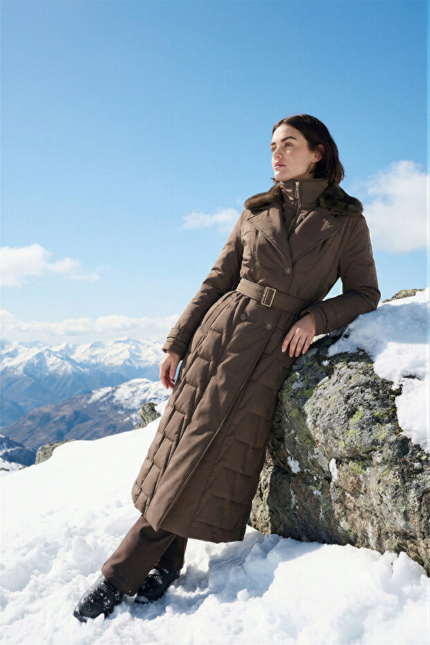 Fur Collar Belt Detailed Brown Coat 13862