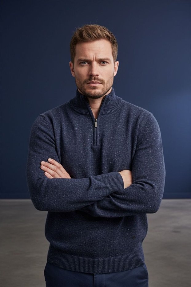 Interview Zippered Half Turtleneck Woolen Gray Navy Blue Knitwear Sweater
