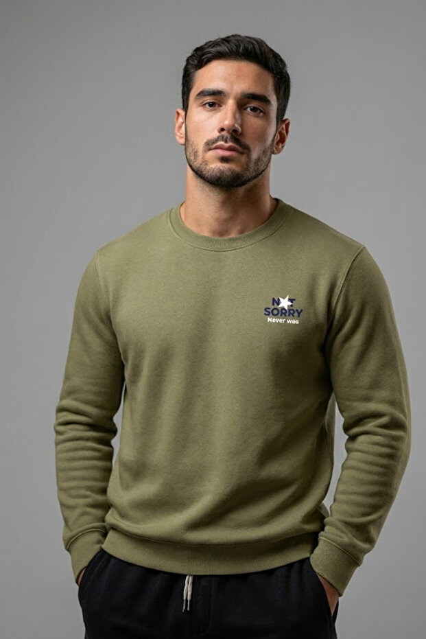 Men's Khaki Sweatshirt with Chest Text Print