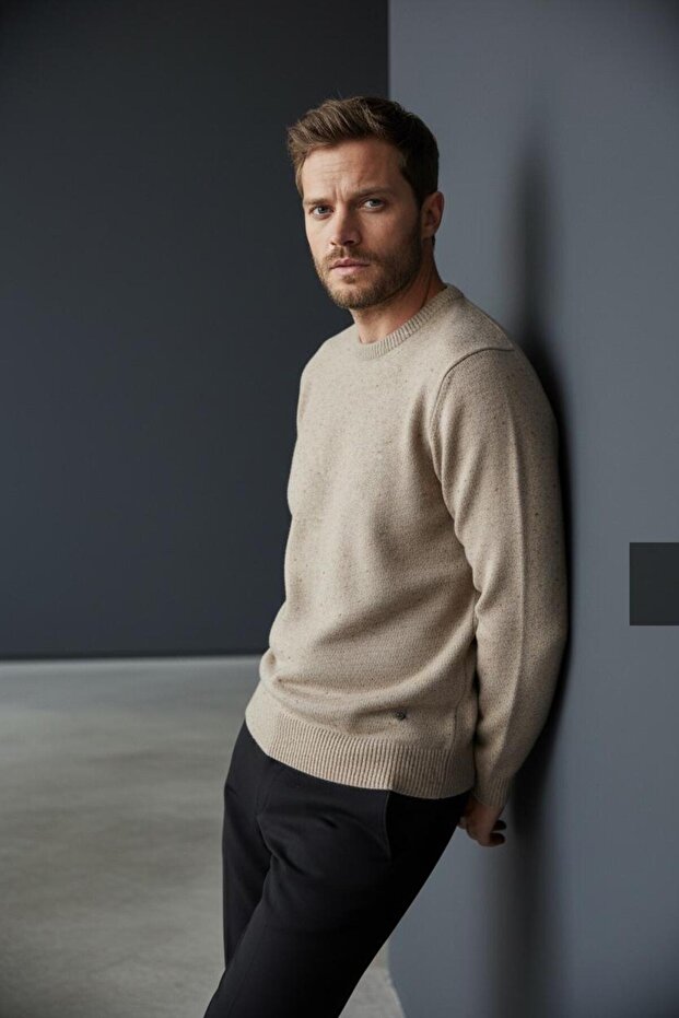 İnterview 0 Yaka Yünlü Kırçıllı Camel Triko Kazak - 2