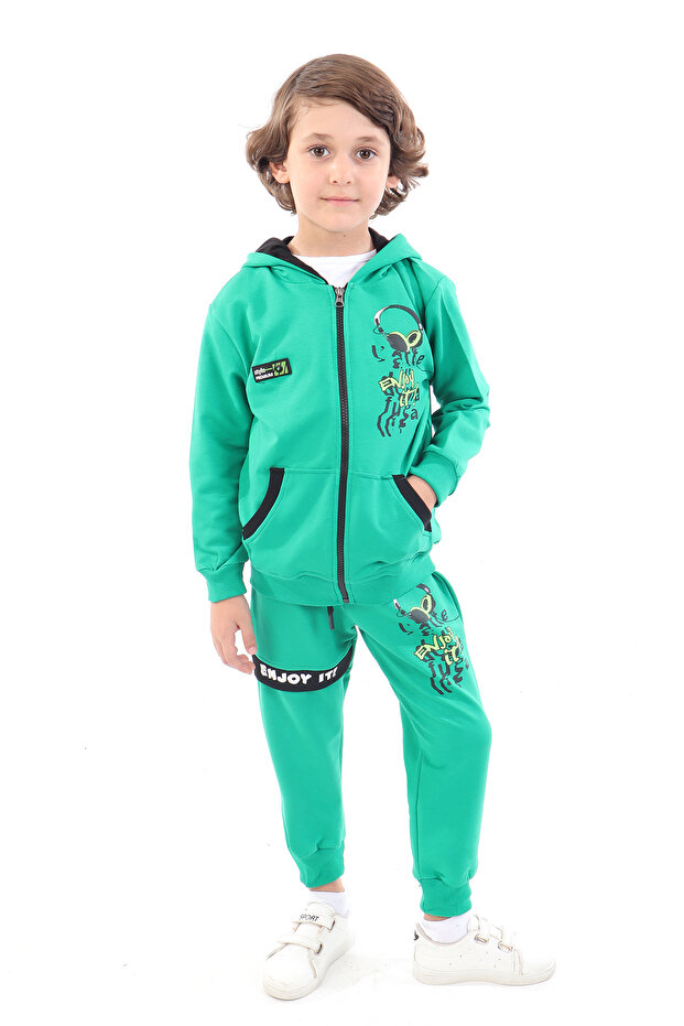 Boy's 2-Piece Set Printed Hooded Zippered Pocket Sweatshirt & Elastic Waistband C
