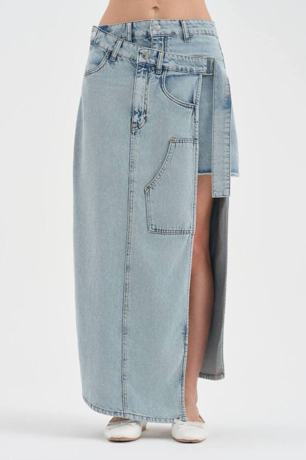 Women's Denim Fabric Long Skirt with Mini Skirt Look on the Side