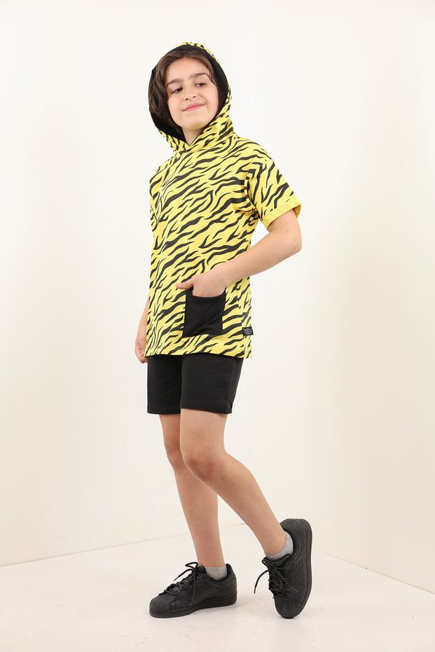 Boys' 2-Piece Set Printed Hooded Pocket T-Shirt & Elastic Waist Shorts