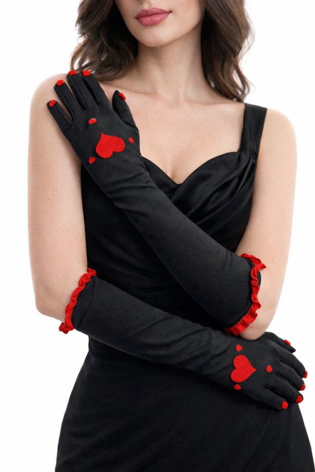 Black and White Long Party Gloves with Hearts