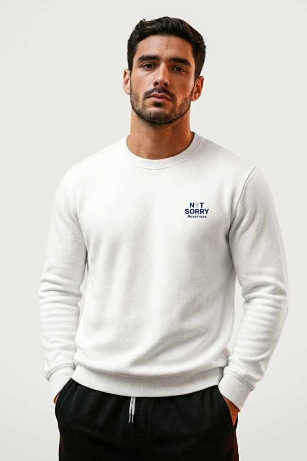 Men's Ecru Sweatshirt with Chest Text Print