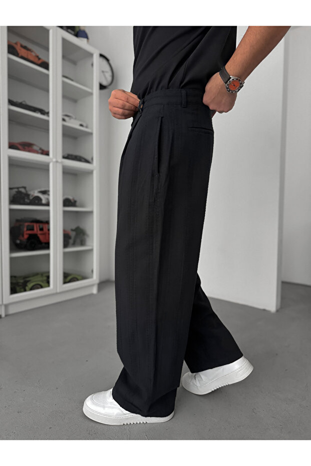 Siyah Örgü Şeritli Baggy Pantolon C-01 - 4