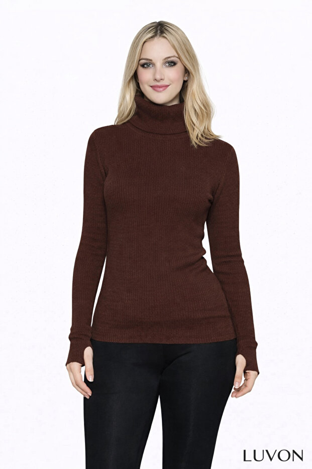 Brown Turtleneck Finger Detailed Premium Savior Body Sweater