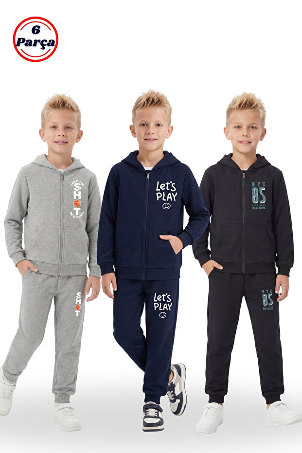 3-Piece Zippered and Hooded Print Detailed 6-Piece Boys' Tracksuit Set