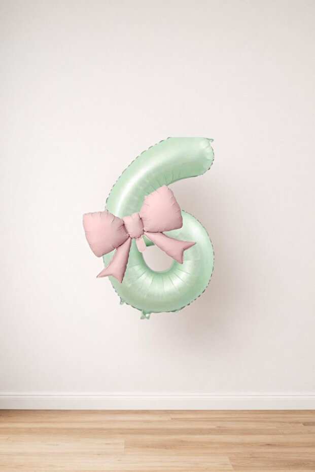Pink Bow & Sage Green Number 6 Foil Balloon Set