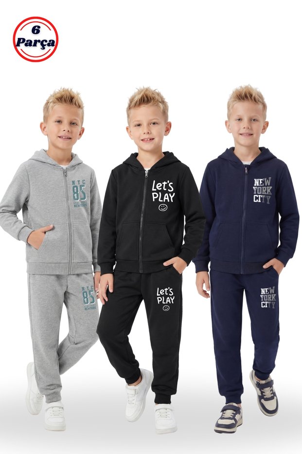 3-Piece Zippered and Hooded Print Detailed 6-Piece Boys' Tracksuit Set