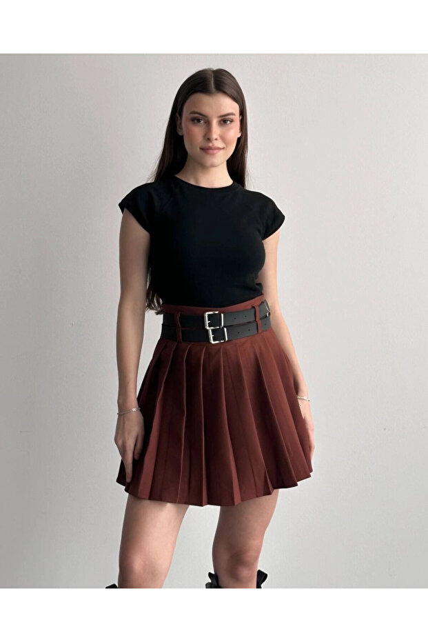 Women's Double Belted Pleated Skirt with Shorts Coffee