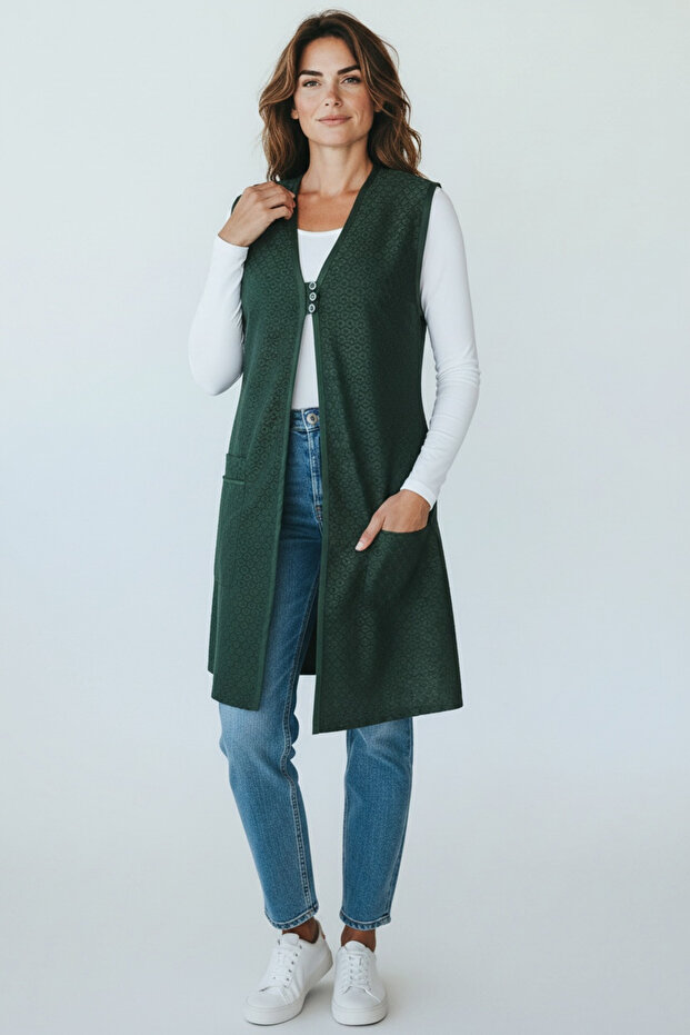 Women's Long Lace Vest with Three Button Pockets on the Front