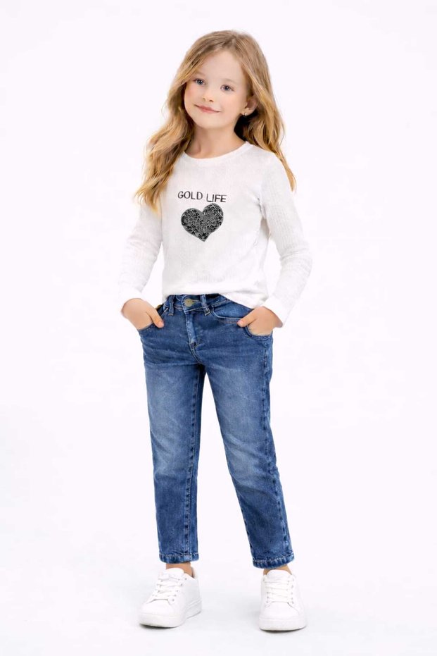 Girl's Heart Embroidered Combed Cotton Top with Elastic Waist Jeans 2-Piece Set