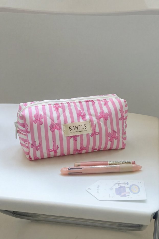 Pink Striped Bow Pencil Holder Pencil Case Pencil Bag