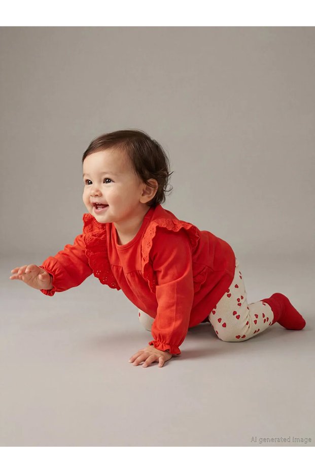 Lcw Baby Red Heart Patterned Baby Girl Blouse and Leggings