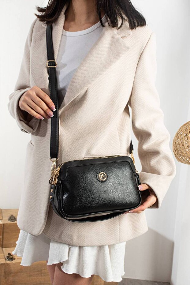 Women's Black Soft Faux Leather Multi-Compartment Crossbody Bag