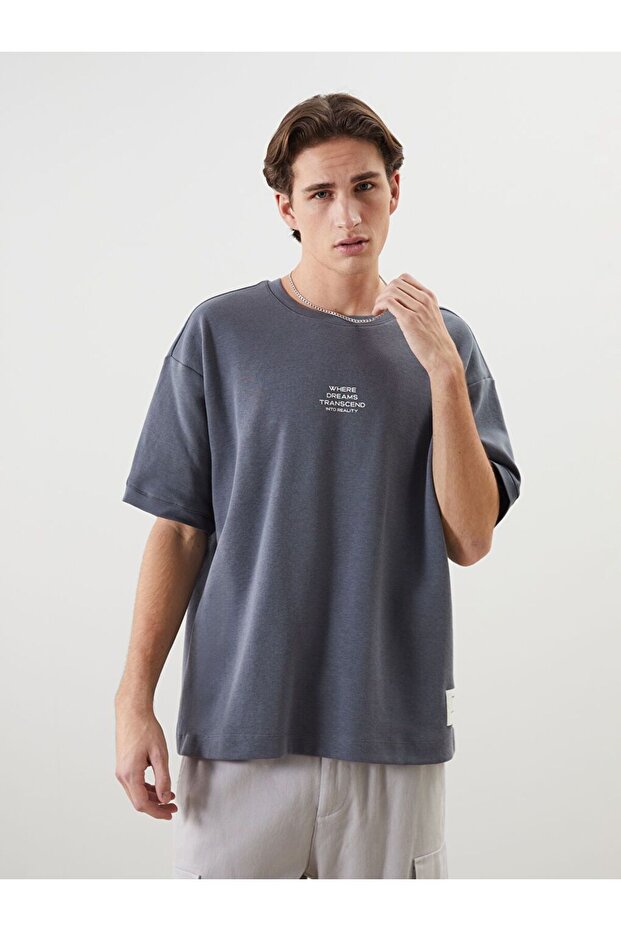 Xside Anthracite Crew Neck Short Sleeve Printed Men's Sweatshirt
