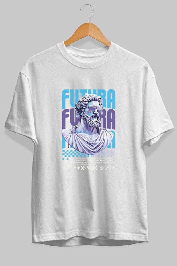 Futura Zeus Front Printed White Oversize T-Shirt Men's Women's Cotton Crew Neck T-Shirt