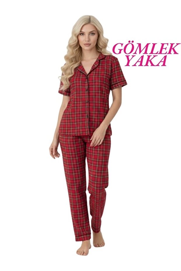 Women's Red Plaid Patterned Slim Fit Shirt Collar Front Buttoned Slim Fit Short Sleeve Pajama Set