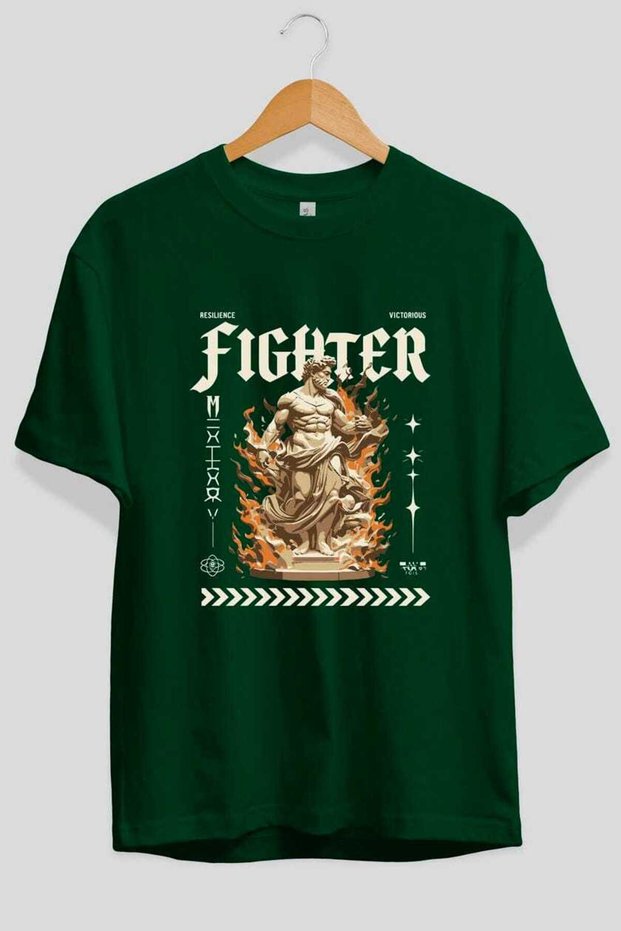 Fighter Front Printed Green Oversize T-Shirt Men Women Cotton Crew Neck Tshirt