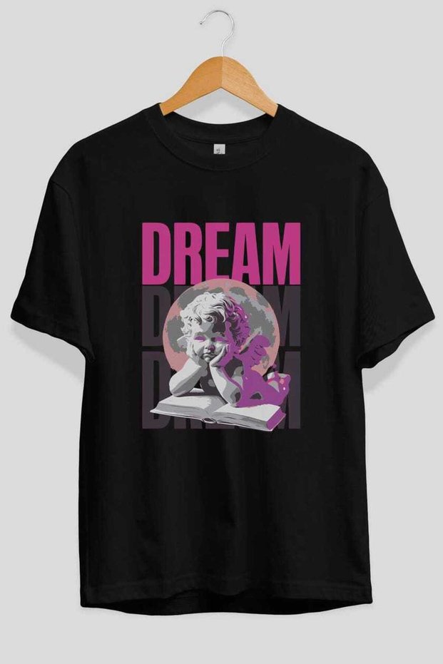 Dream Angel Front Printed Black Oversize T-Shirt Men Women Cotton Crew Neck T-Shirt