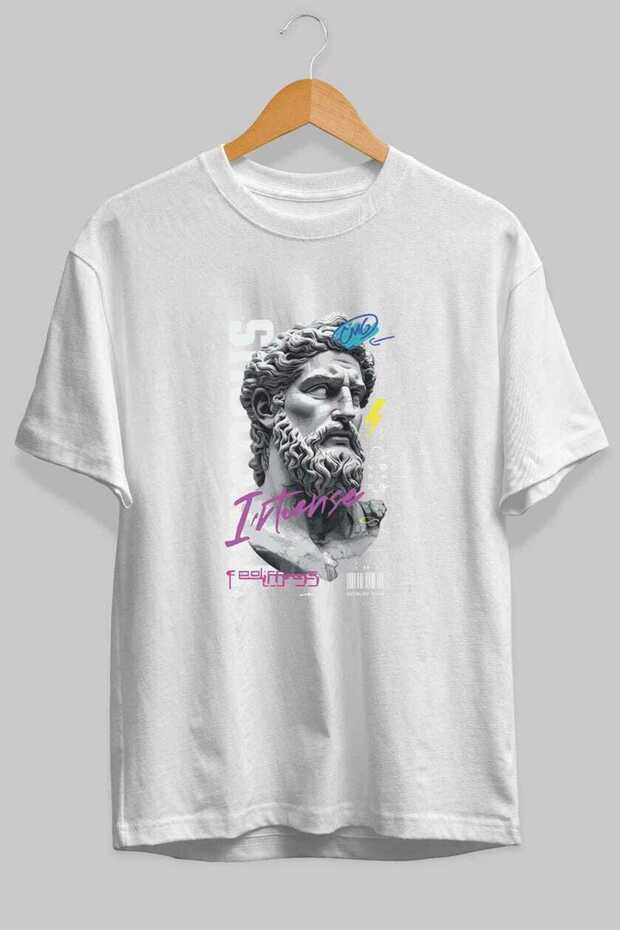Zeus Intense Front Printed White Oversize T-Shirt Men Women Cotton Crew Neck Tshirt
