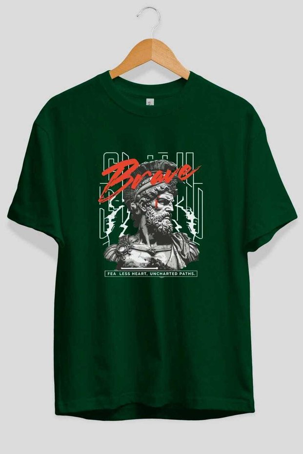 Brave Front Printed Green Oversize T-Shirt Men Women Cotton Crew Neck T-Shirt