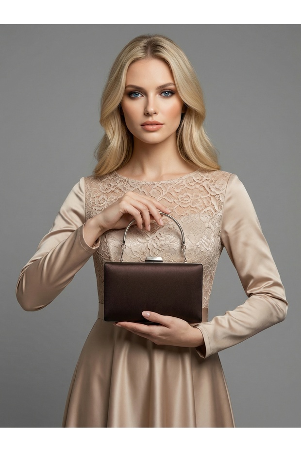 Brown Z.A.R.A. Satin Crystal Stone Embroidered Chain Women's Evening Dress Bag Wedding Engagement Graduation