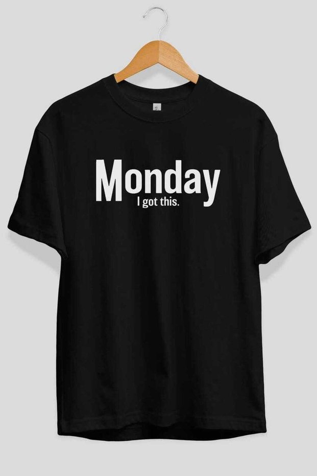 Monday Front Printed Black Oversize T-Shirt Men Women Cotton Crew Neck T-Shirt