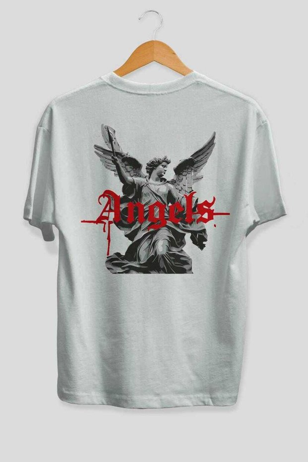 Angels Back Printed White Oversize T-Shirt Men Women Cotton Crew Neck T-Shirt
