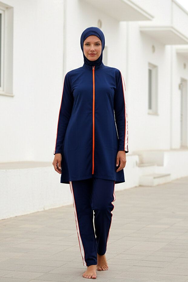 Fully Covered Hijab Swimsuit Navy Blue Zippered 3-Piece Parachute Swimsuit Set M2270