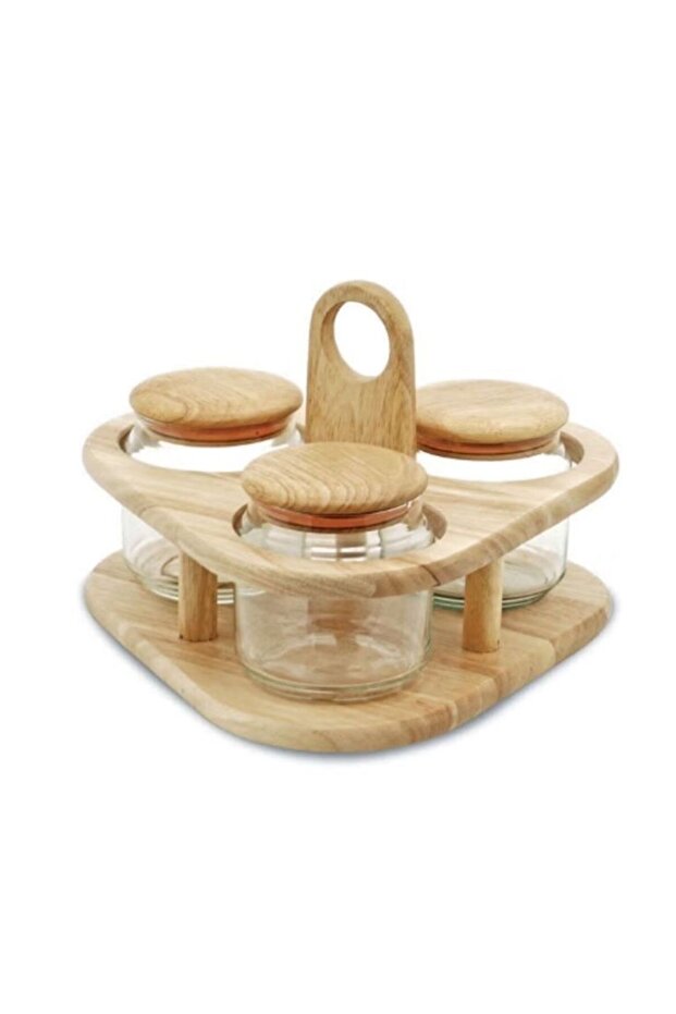 Wooden Jar Set with Glass Containers Tray 3 Pc