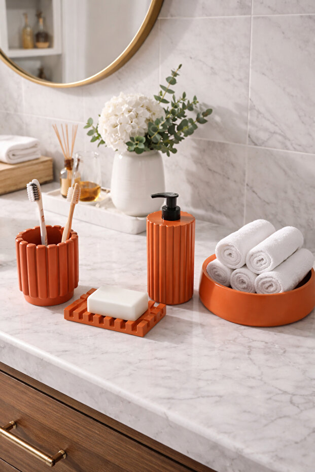 Decorative 4-Piece Striped Model Bathroom Set, Solid and Liquid Soap Dispenser, Toothbrush Holder, Towel Holder Bowl