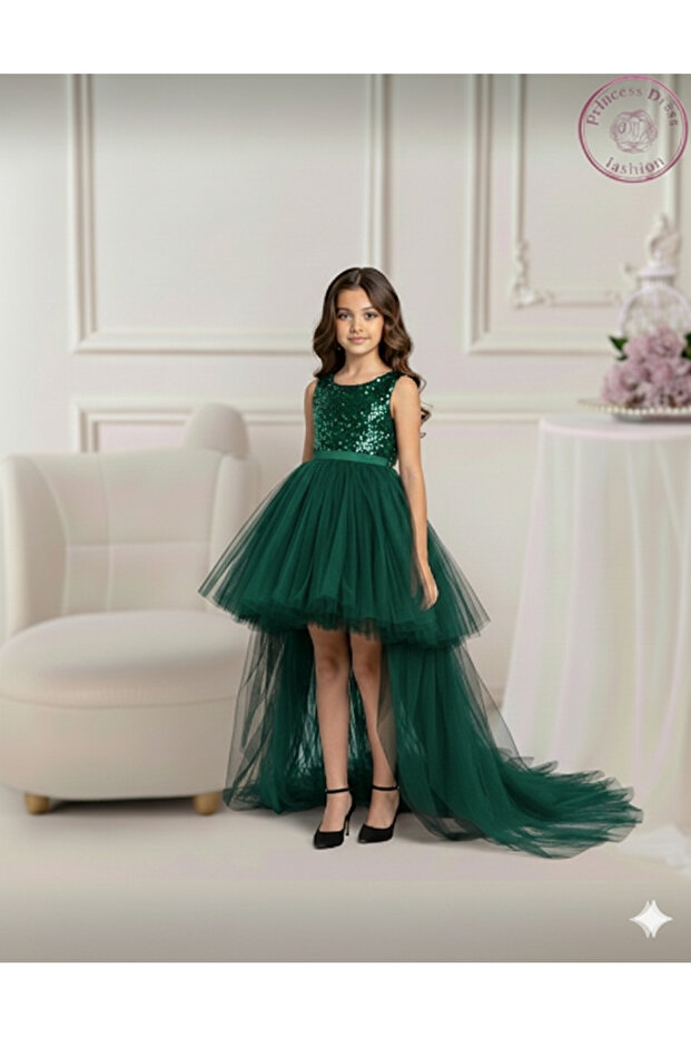 Girl's Emerald Green Sequined Tulle Tail Graduation Dress, Evening Dress