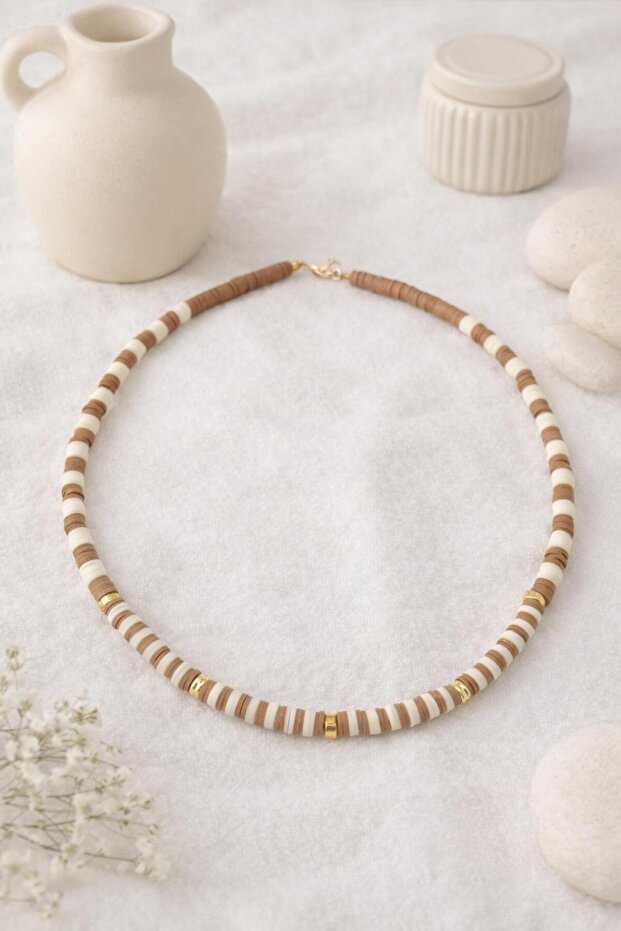 Beige & Cream Handmade Fimo Bead Necklace – Gold Detailed