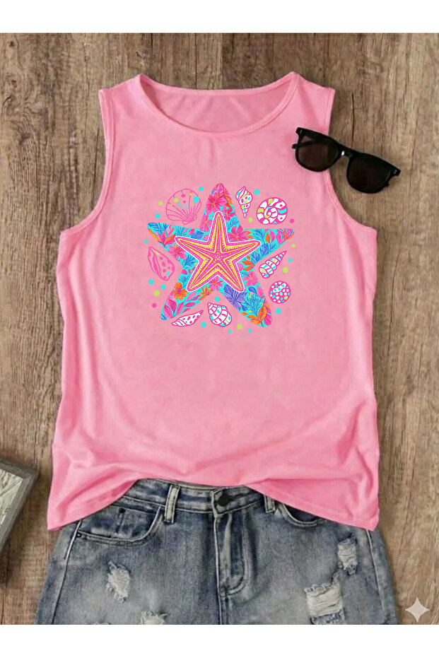 Sea Star Summer Printed Summer Sleeveless Crew Neck Women's Tshirt
