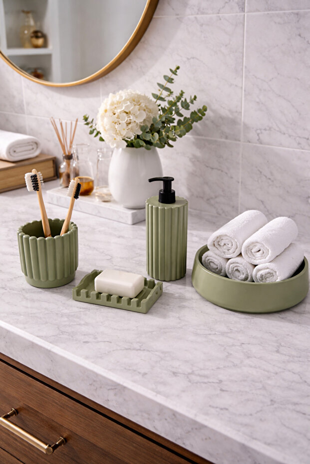 Decorative 4-Piece Striped Model Bathroom Set, Solid and Liquid Soap Dispenser, Toothbrush Holder, Towel Holder Bowl