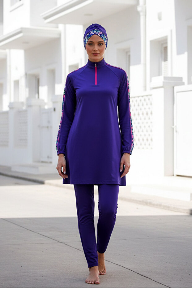 Fully Covered Hijab Swimsuit 3 Pieces - Cobalt blue Patterned | M2228