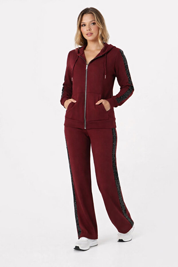 Sequined Modal Track Suit Set/Model with Hooded Zipper and Sequin Stripes