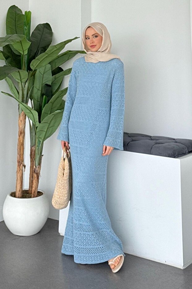 Ajur Örme Elbise Mavi - 2