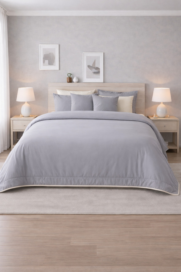 Duvet Cover Set Ranforce Double - Reversible (4-Piece) - Gray - Cream