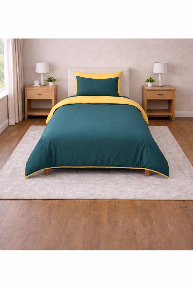 Duvet Cover Set Ranforce Single - Reversible (3-Piece) - Petrol - Mustard
