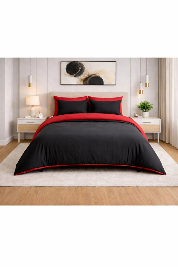 Duvet Cover Set Ranforce Double - Reversible (4-Piece) - Red - Black