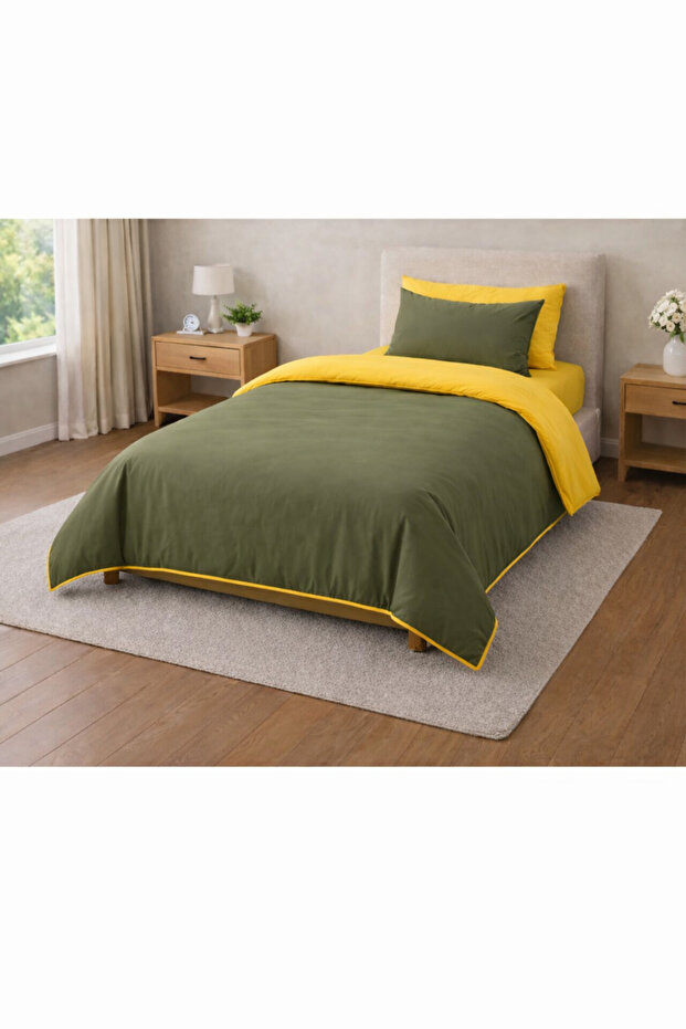 Duvet Cover Set Ranforce Single - Reversible (3-Piece) - Khaki - Yellow