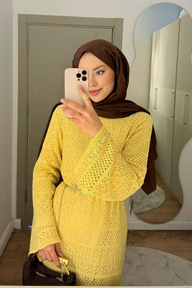 Ajur Örme Elbise Sarı - 3