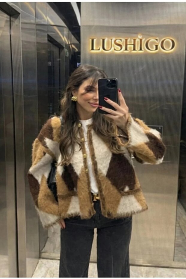 كارديغان Lussi تريكو ناعم للنساء، بنقشة مربعات وشعر، أنيق وبأزرار