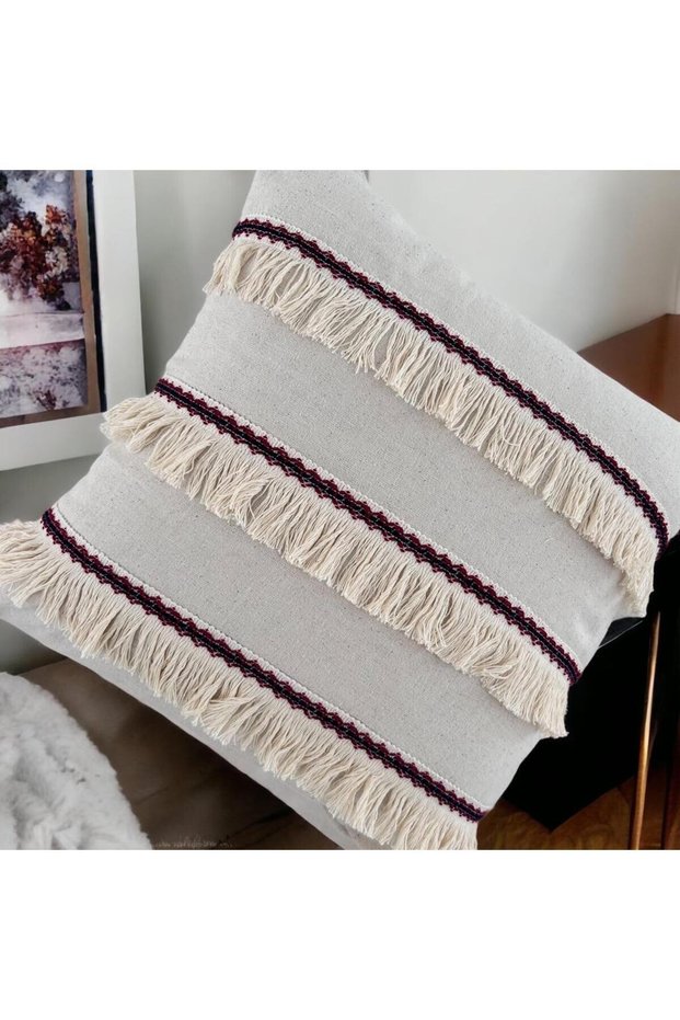 Three Tassels Linen Cream Throw Pillow Cushion Cover (35 x 55)