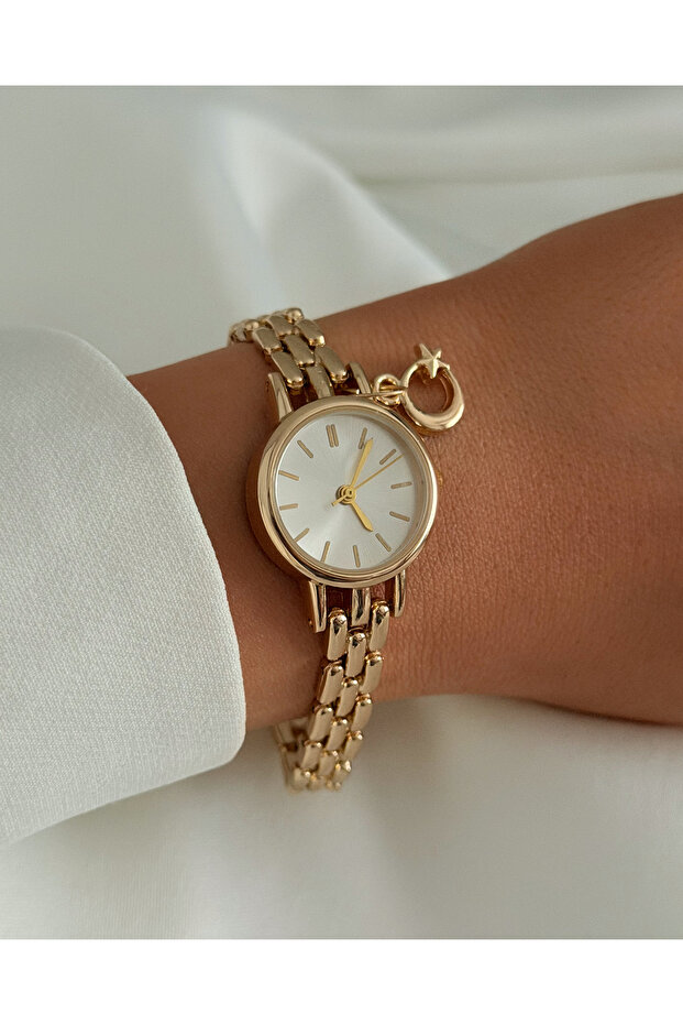 Gold Metal Wristwatch | Minimal Model with Round Charms
